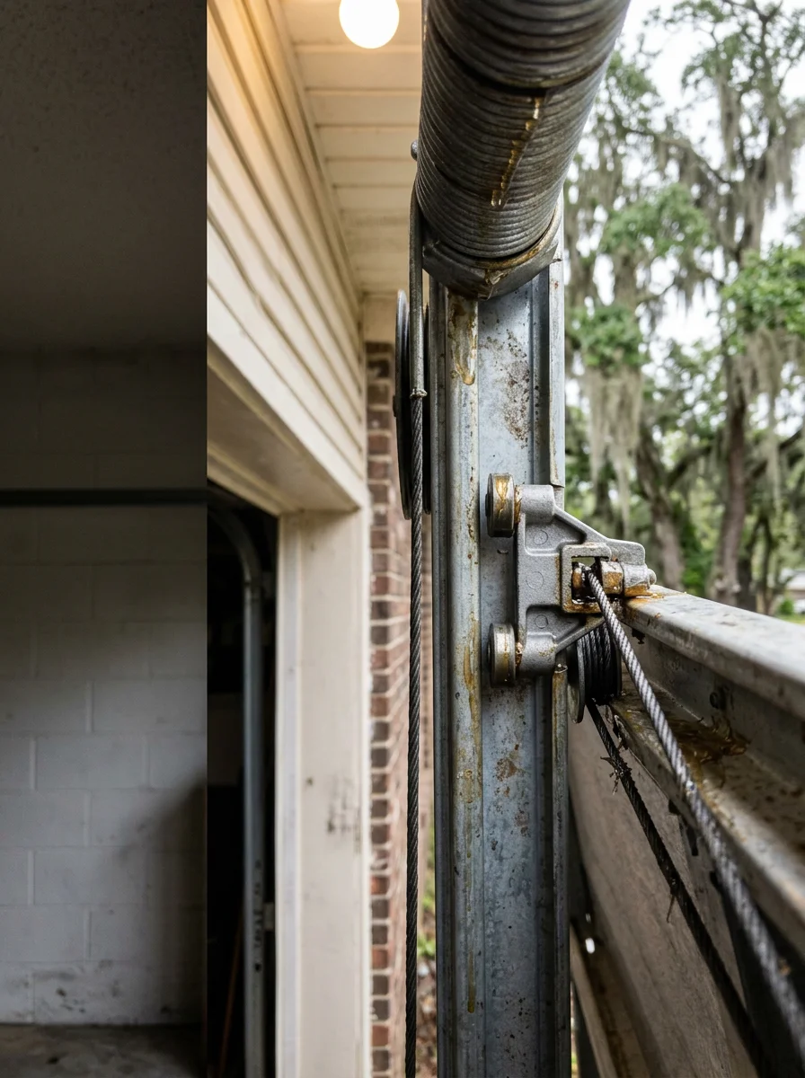 Garage door spring and opener components showing corrosion protection and maintenance for Baldwin County moisture conditions