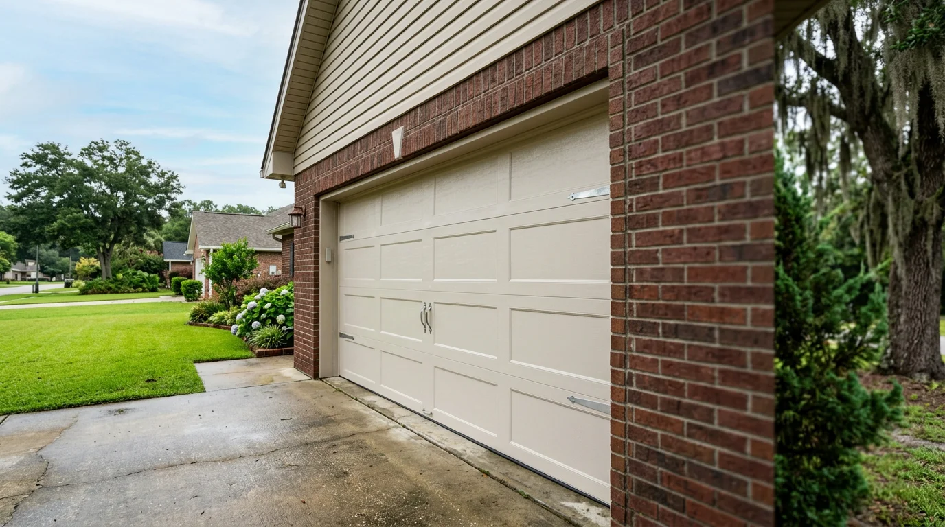 Residential garage door in Robertsdale, Alabama with rust-resistant hardware and protective coating for humid climate durability