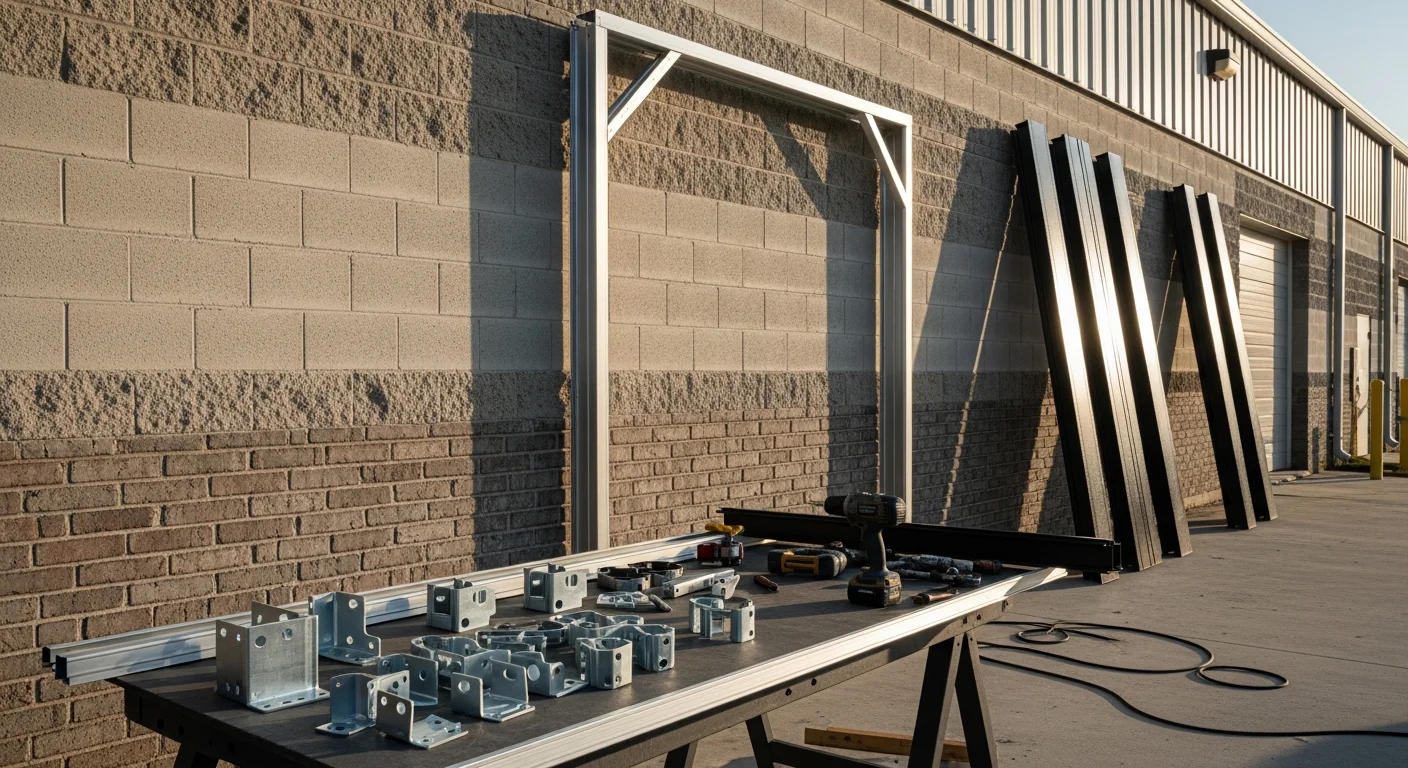 A newly installed commercial overhead garage door on a light industrial building in Spanish Fort, AL. The door is fully raised and open, showing the bay interior and surrounding commercial property.
