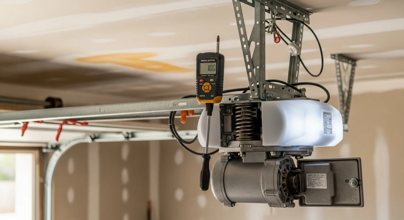 A garage door opener unit mounted to the ceiling of a residential garage in Spanish Fort, AL, with a technician adjusting the travel-limit settings on the motor housing. The garage door is visible in the closed position below.